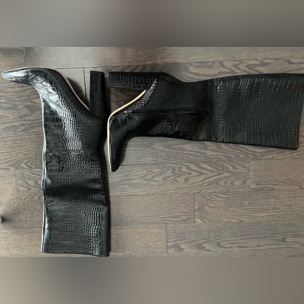 Black Croc-Embossed High Boots